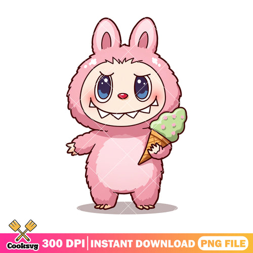 Pink labubu eats ice scream png, labubu standing png, labubu cute png