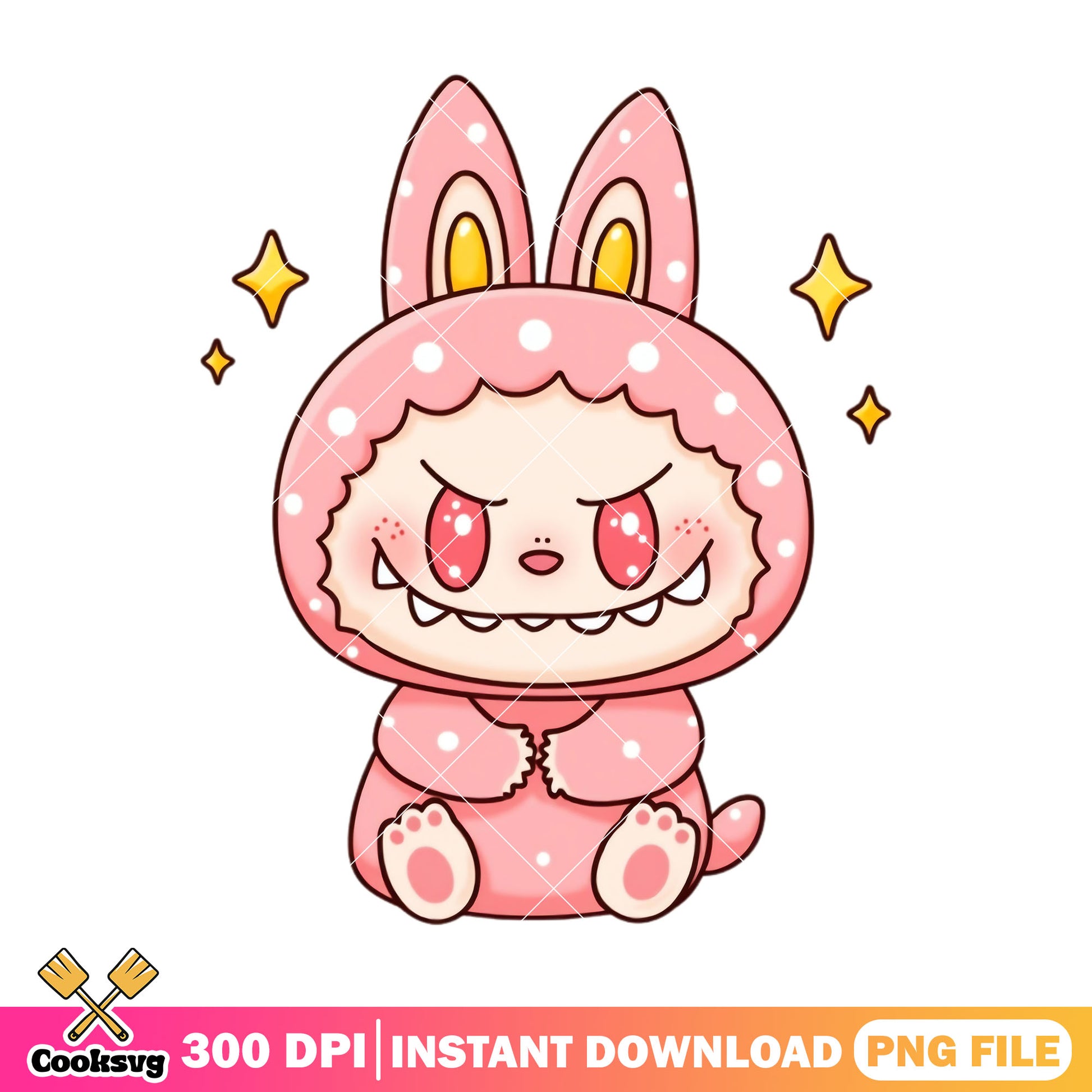 Pink labubu monster png, labubu happy png, labubu sitting png