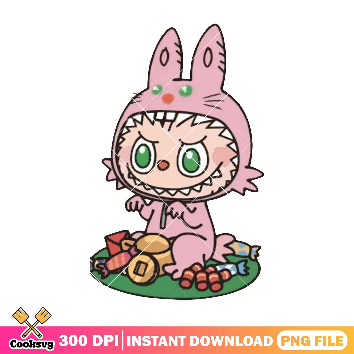 Pink labubu rabbit cosplay png, labubu near me png, labubu sitting png