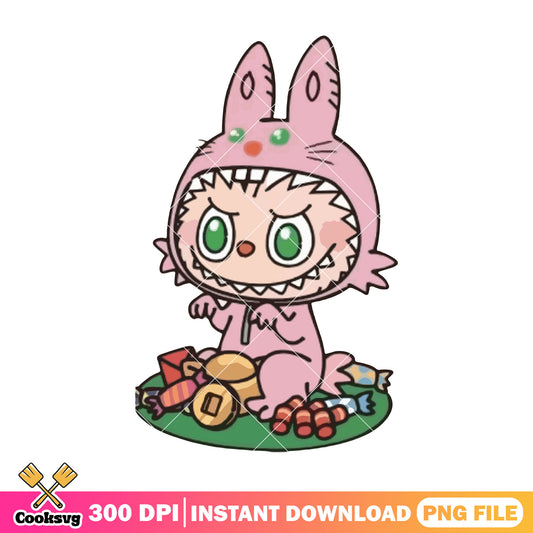 Pink labubu rabbit cosplay png, labubu near me png, labubu sitting png