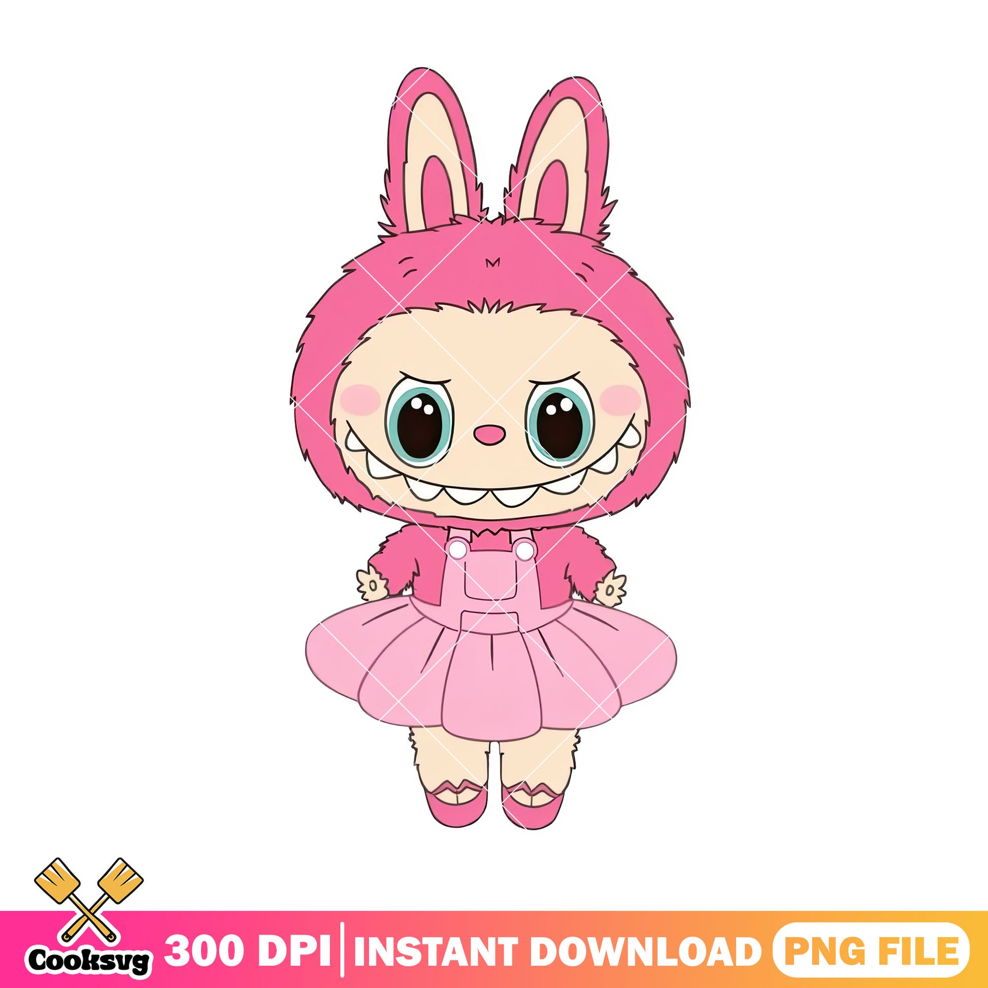 Pink labubu with nice dress png, labubu clothes png, labubu happy png