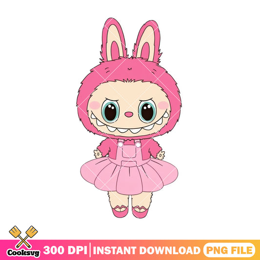 Pink labubu with nice dress png, labubu clothes png, labubu happy png