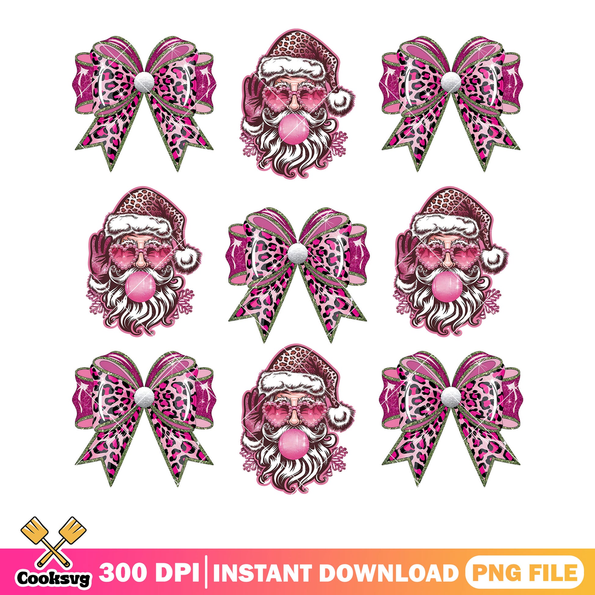 Pink leopard santa png, glitter leopard christmas png, bow cute png