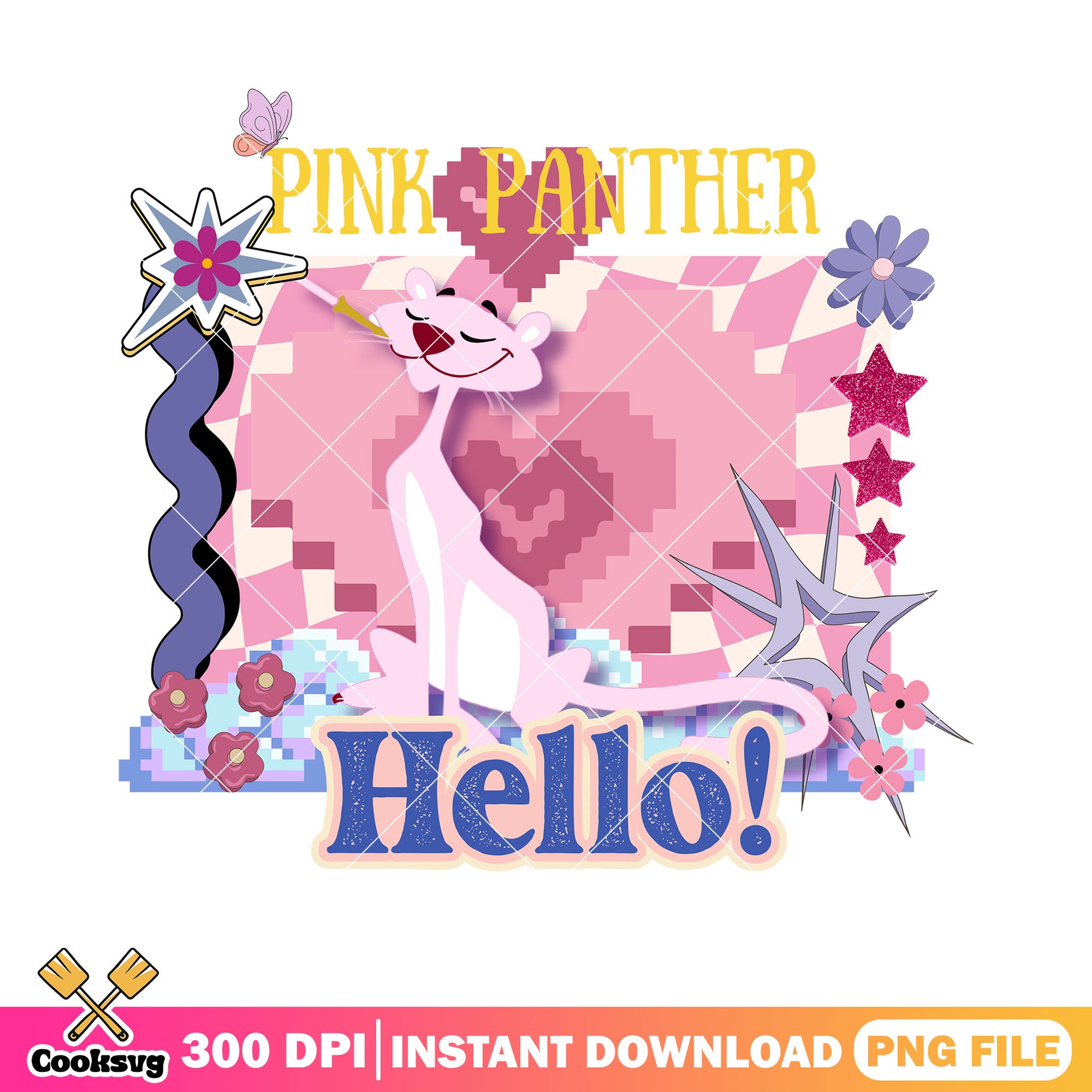 Pink panther hello png, retro art png, cirgarete png