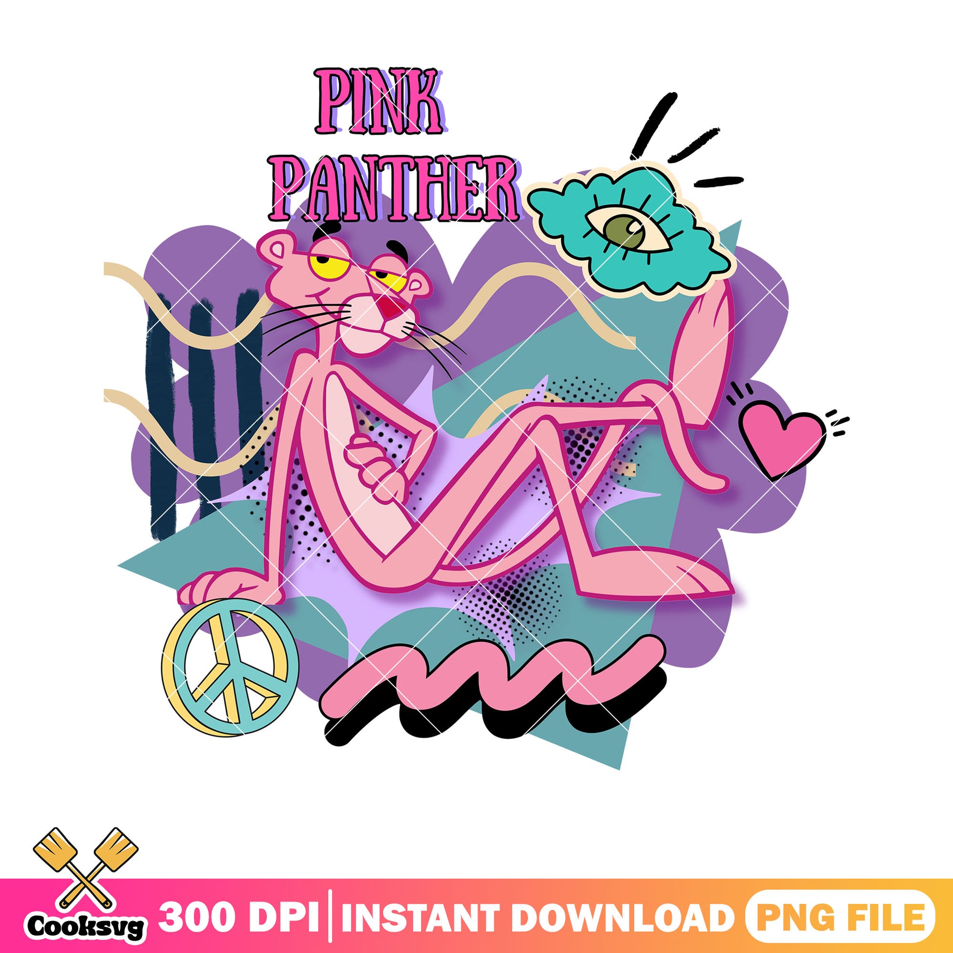 Pink panther peace sign png, pink panther retro​ png, cloud eye png
