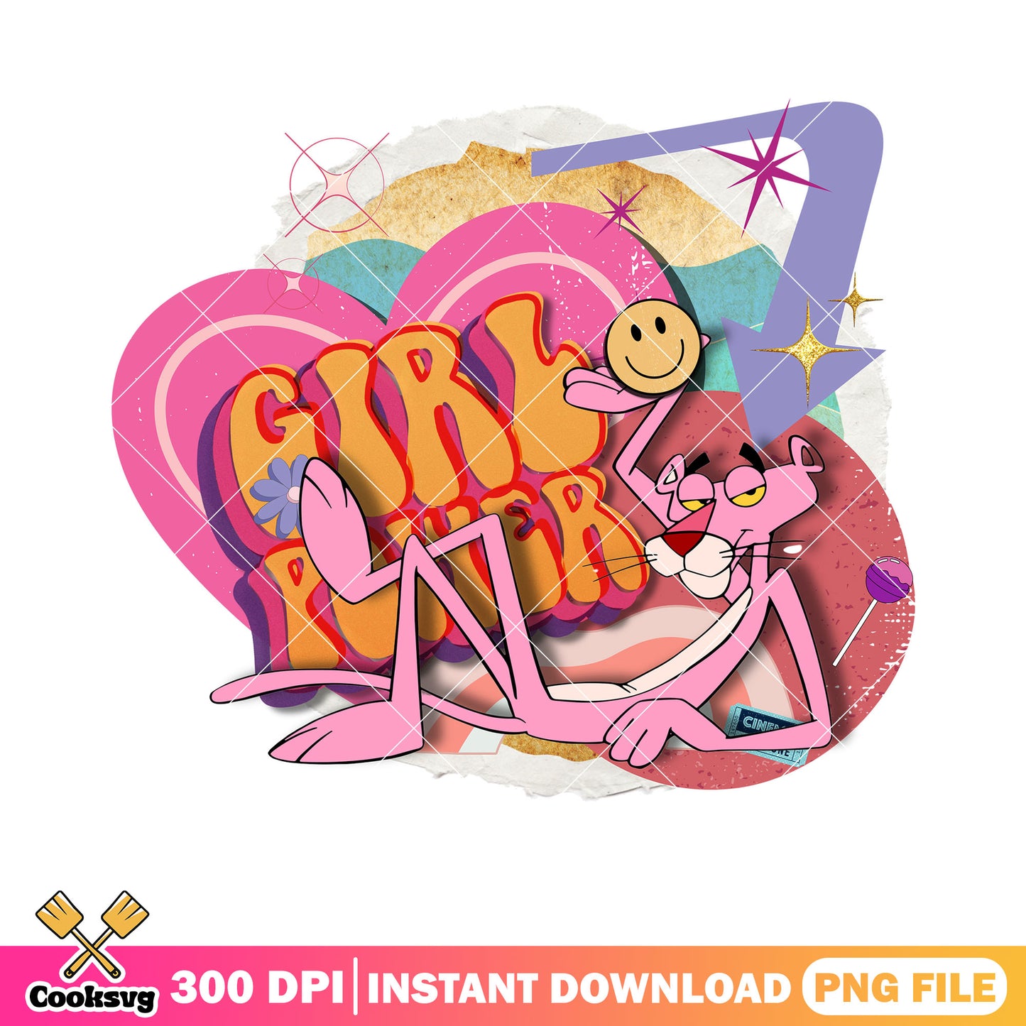 Pink panther retro cartoon  png, girl power png, smile sticker​ png