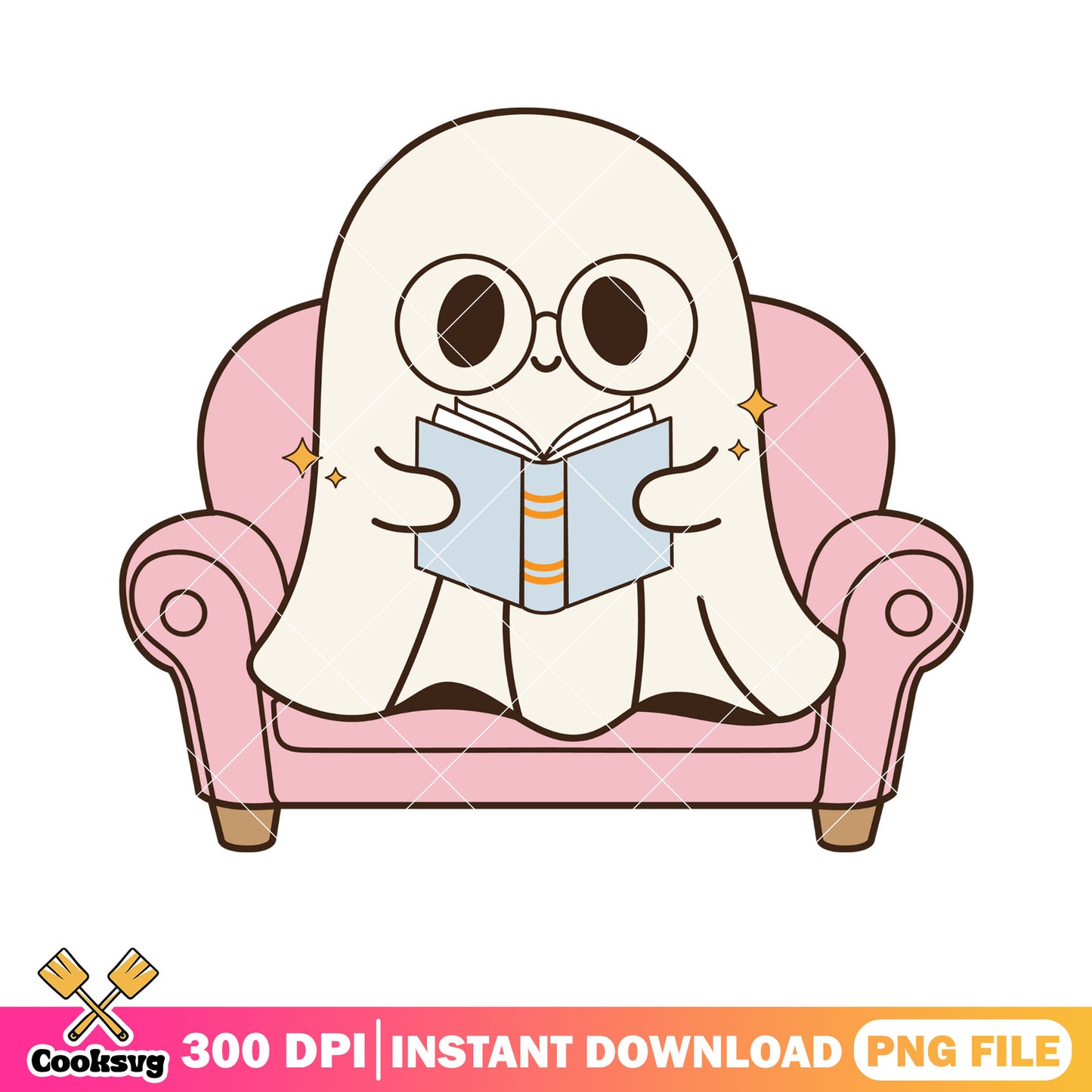 Pink sofa reading book png, ghost costume png, halloween scary png