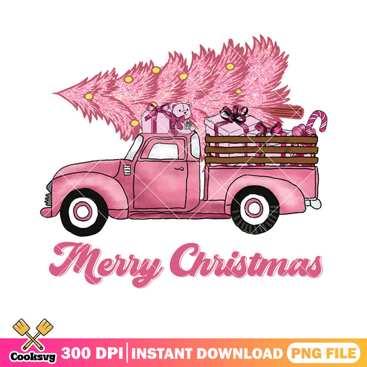 Pink truck pink christmas tree png, xmas decorations png, merry xmas png