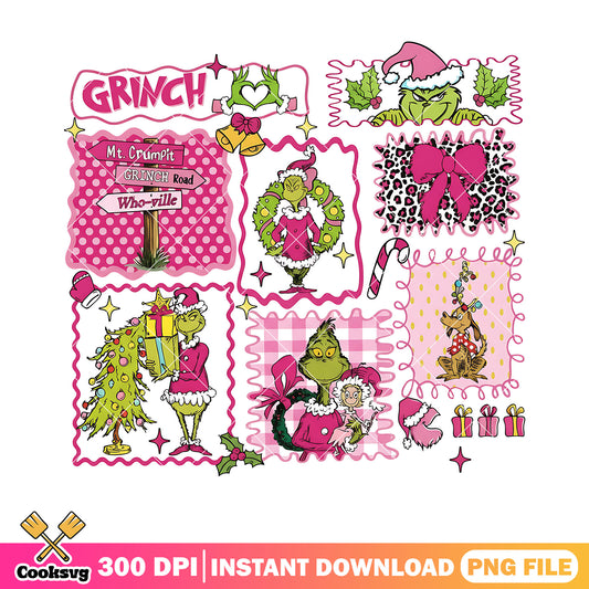 Pinky grinch xmas png, green monster​ png, wreath christmas png