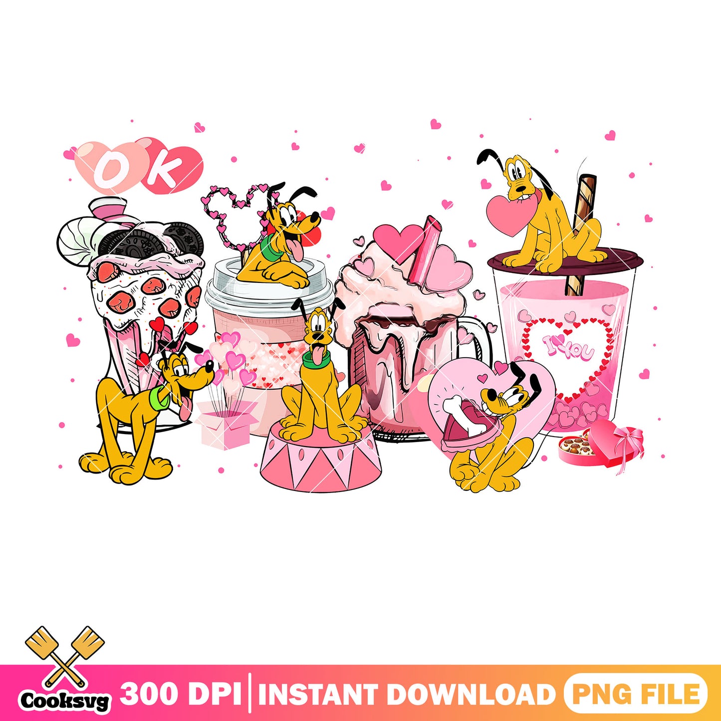 Pluto pink coffee valentine png, pink valentine png, coffee valentine png