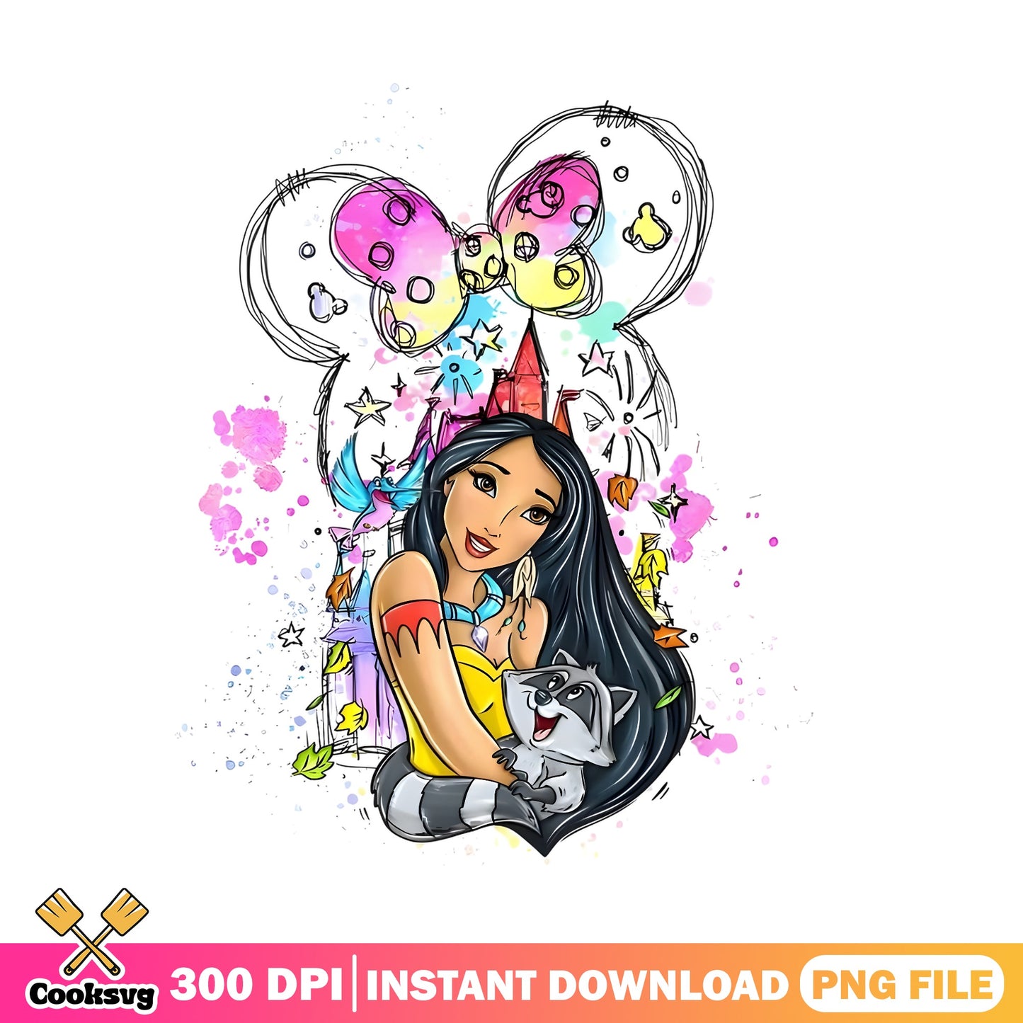 Pocahontas Disney Princess Watercolor PNG, Disney PNG, Mickey Ears PNG