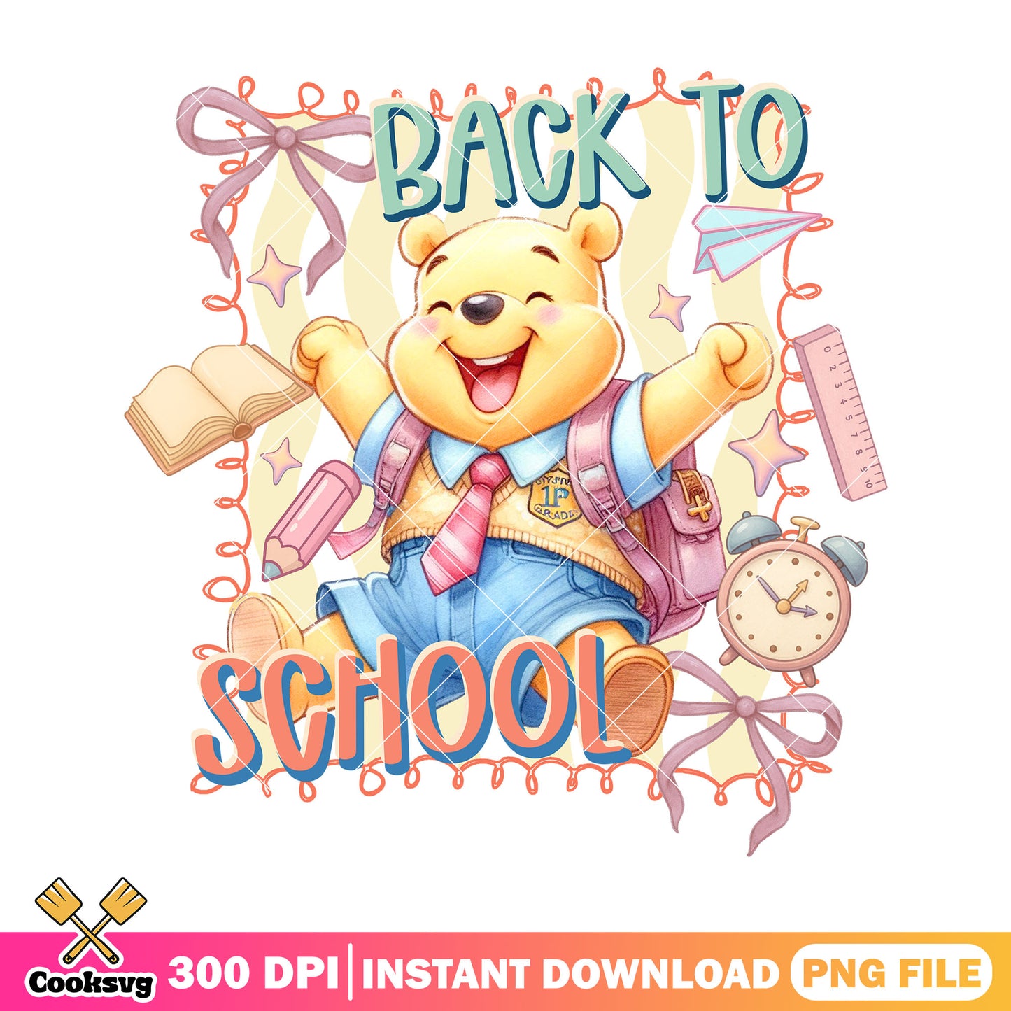 Pooh back school design png, back to school day png, disney art png
