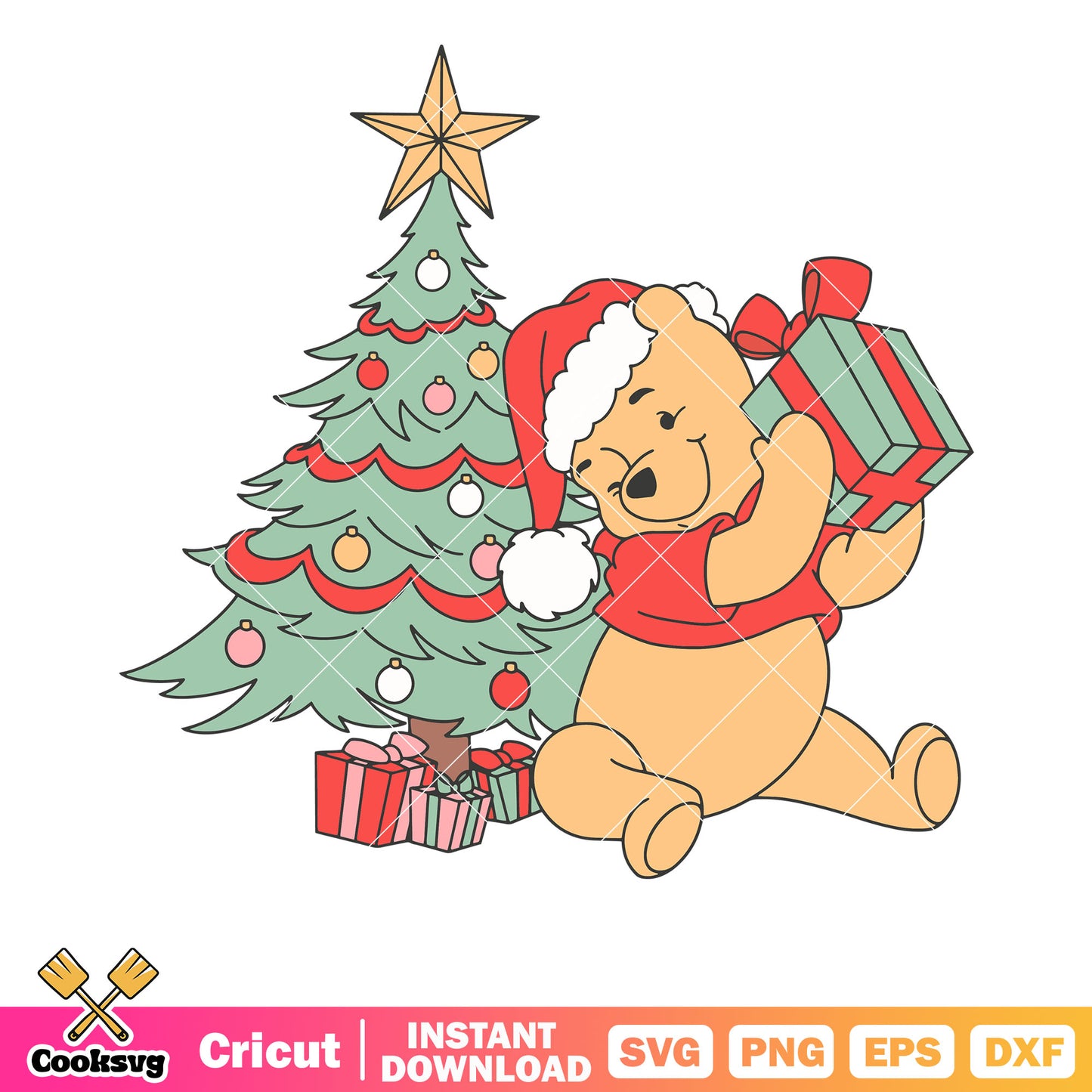 Pooh bear christmas tree and gift svg, pooh christmas svg, christmas tree svg