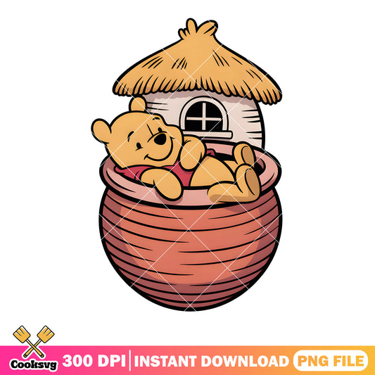 Pooh house chillin png, pooh poster png, vintage winnie pooh png