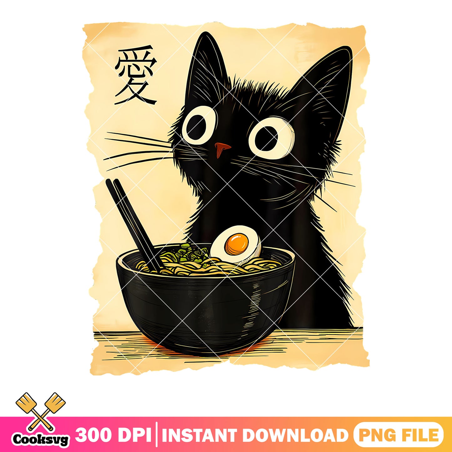 Pop funk anime cat png, black cat png, Japanese ramen png