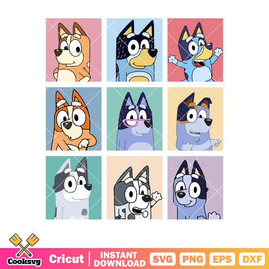 Posters character family bluey dog svg, bluey episodes​ svg, cartoon bluey svg