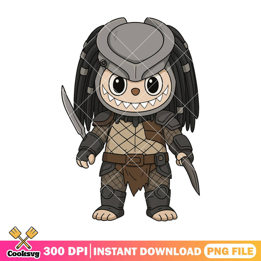 Predator outfit labubu png, spirit halloween png, labubu happy png