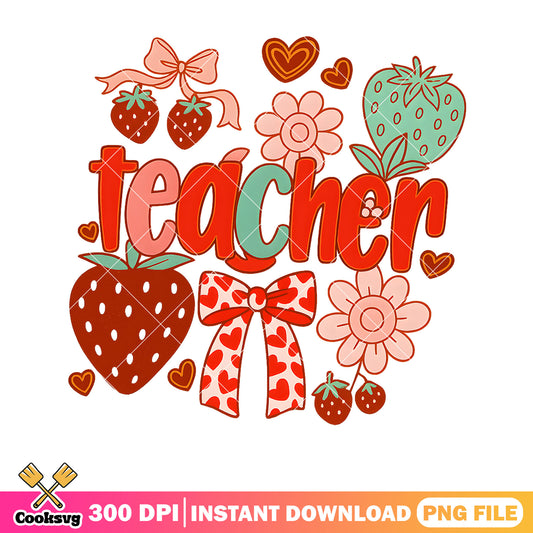Preppy Teacher Strawberry Png, teacher design png, bow tie teacher png