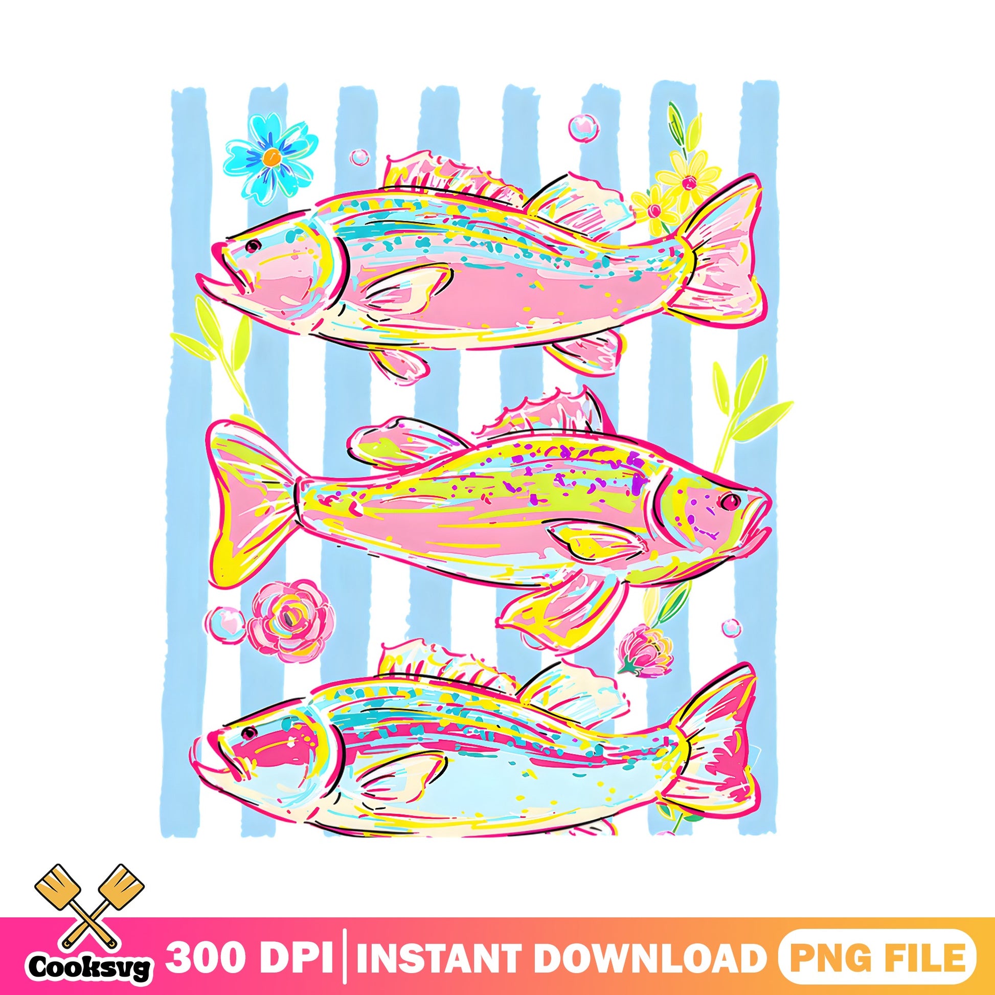 Preppy Fish Floral PNG, Colorful Bass Fishing PNG, Summer PNG