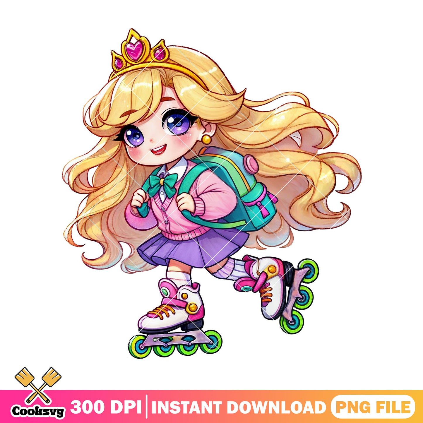 Princess go to school png, back to school art png, cute girl png