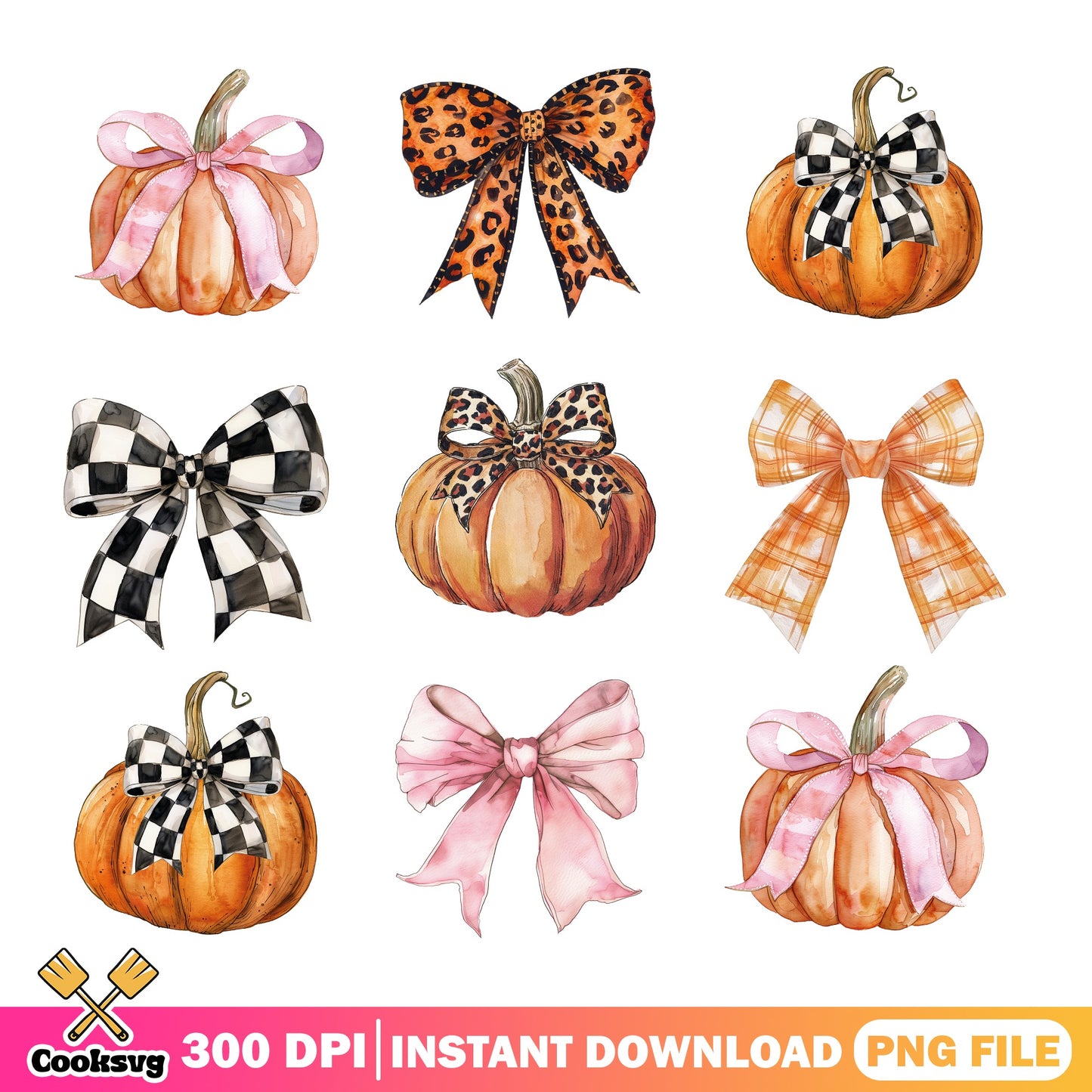 Pumpkin With Bow PNG Bundle, Fall Halloween Clipart, Autumn PNG