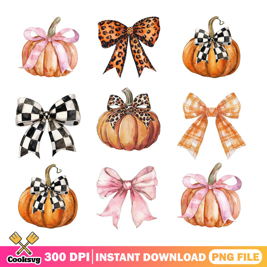 Pumpkin With Bow PNG Bundle, Fall Halloween Clipart, Autumn PNG