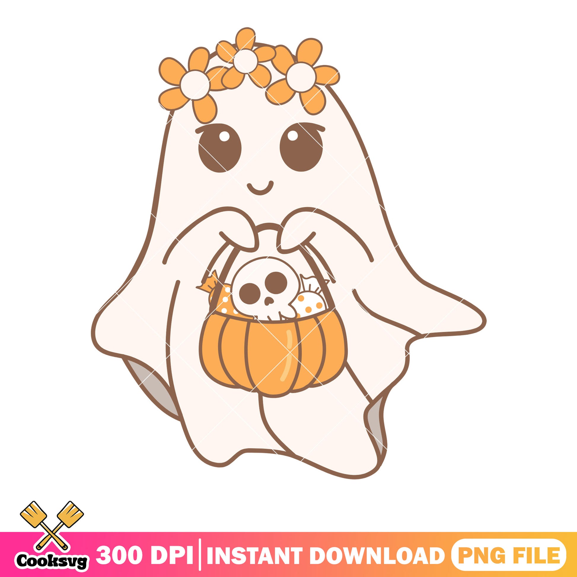 Pumpkin basket garland png, ghost costume png, halloween scary png