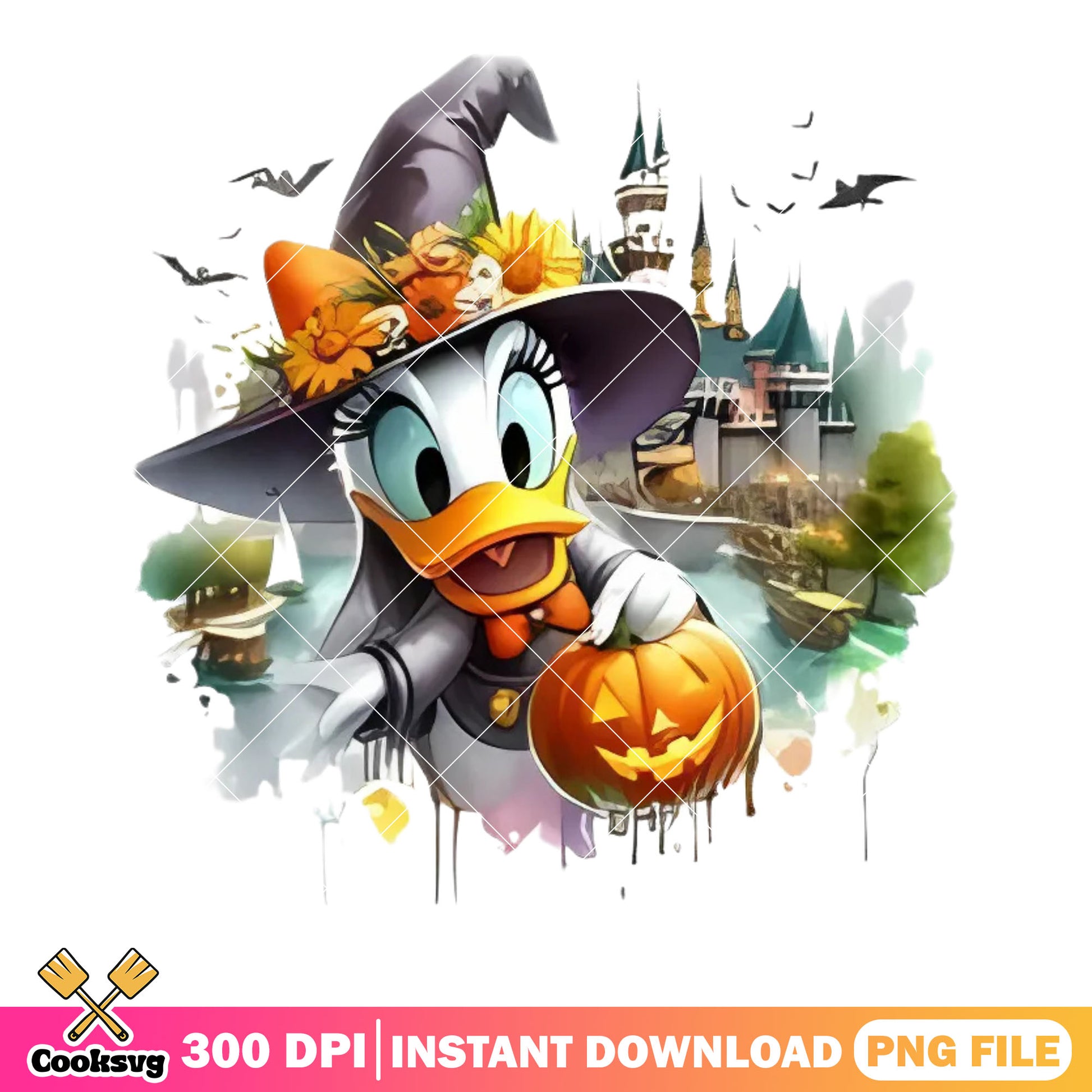 Pumpkin daisy duck png, fairy tale castle ​png, witch costume png