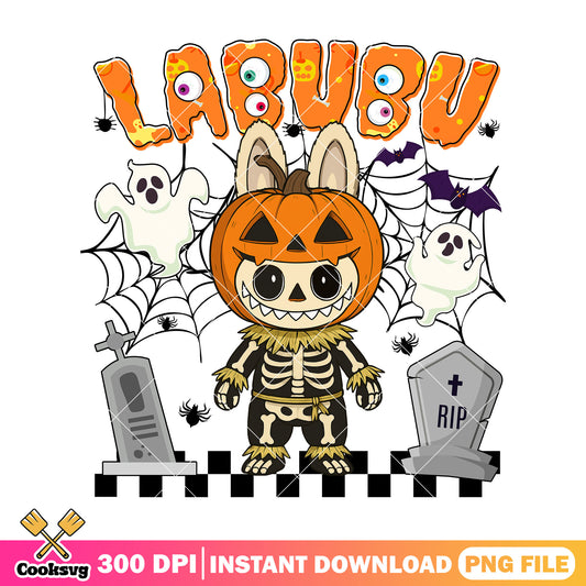 Pumpkin skeleton labubu png, labubu costume png, macaron labubu​ png