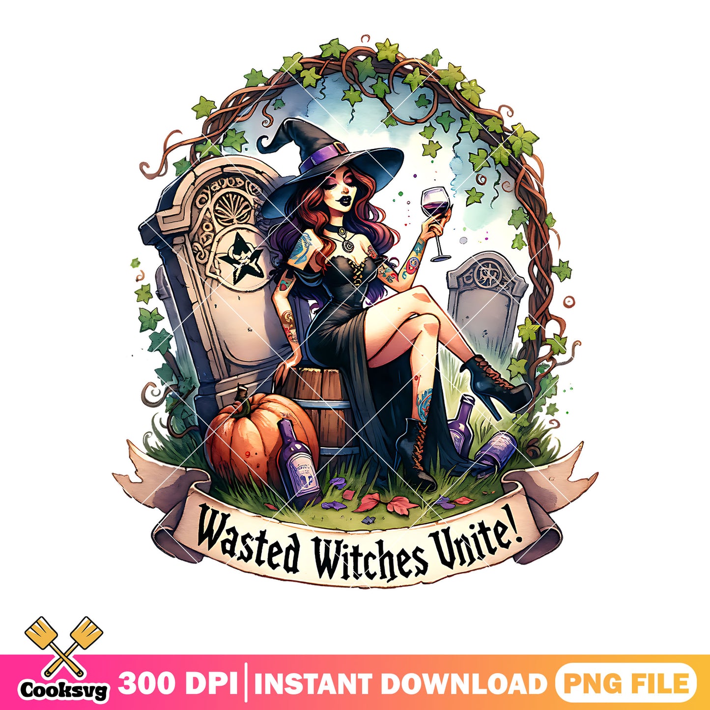 Pumpkin wine bottle png, witch costume png, halloween scary png