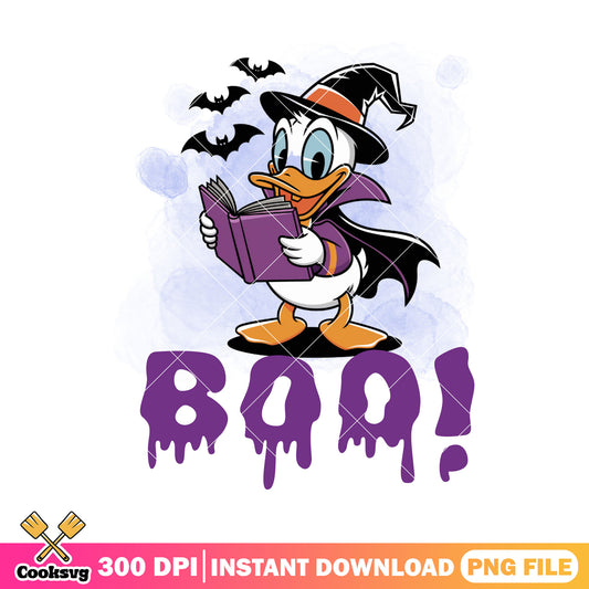 Purple book donald duck png, witch costume png, scary bats png