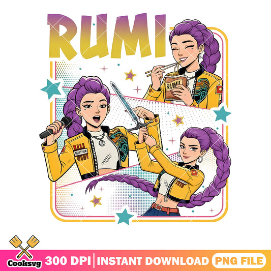 Purple hair rumi girl png, rumi poster png, kpop rumi png