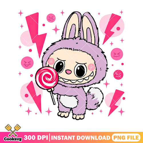 Purple labubu happy with candy png, labubu hehe png, labubu cartoon png