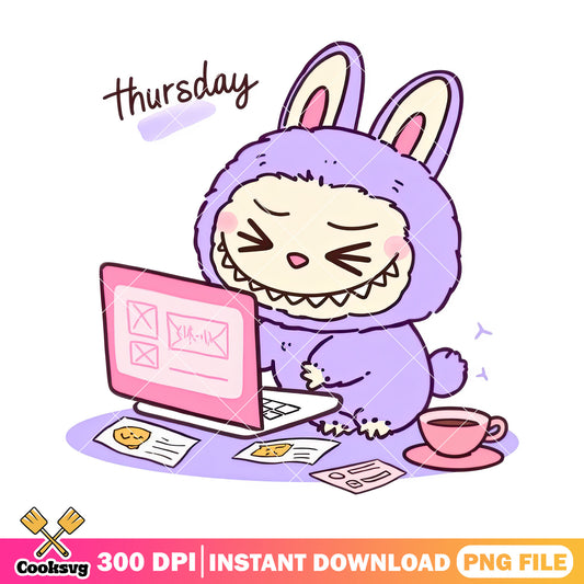 Purple labubu playing laptop png, labubu happy png, labubu monster png