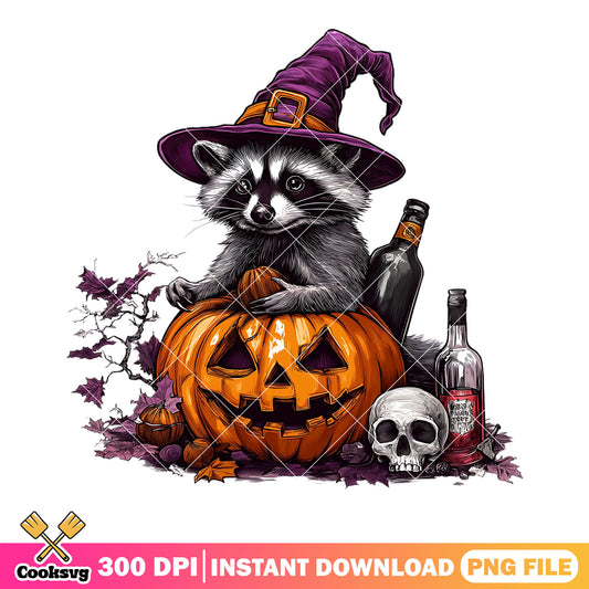 Racoon the wicth png, jack o lantern png, scary halloween night png