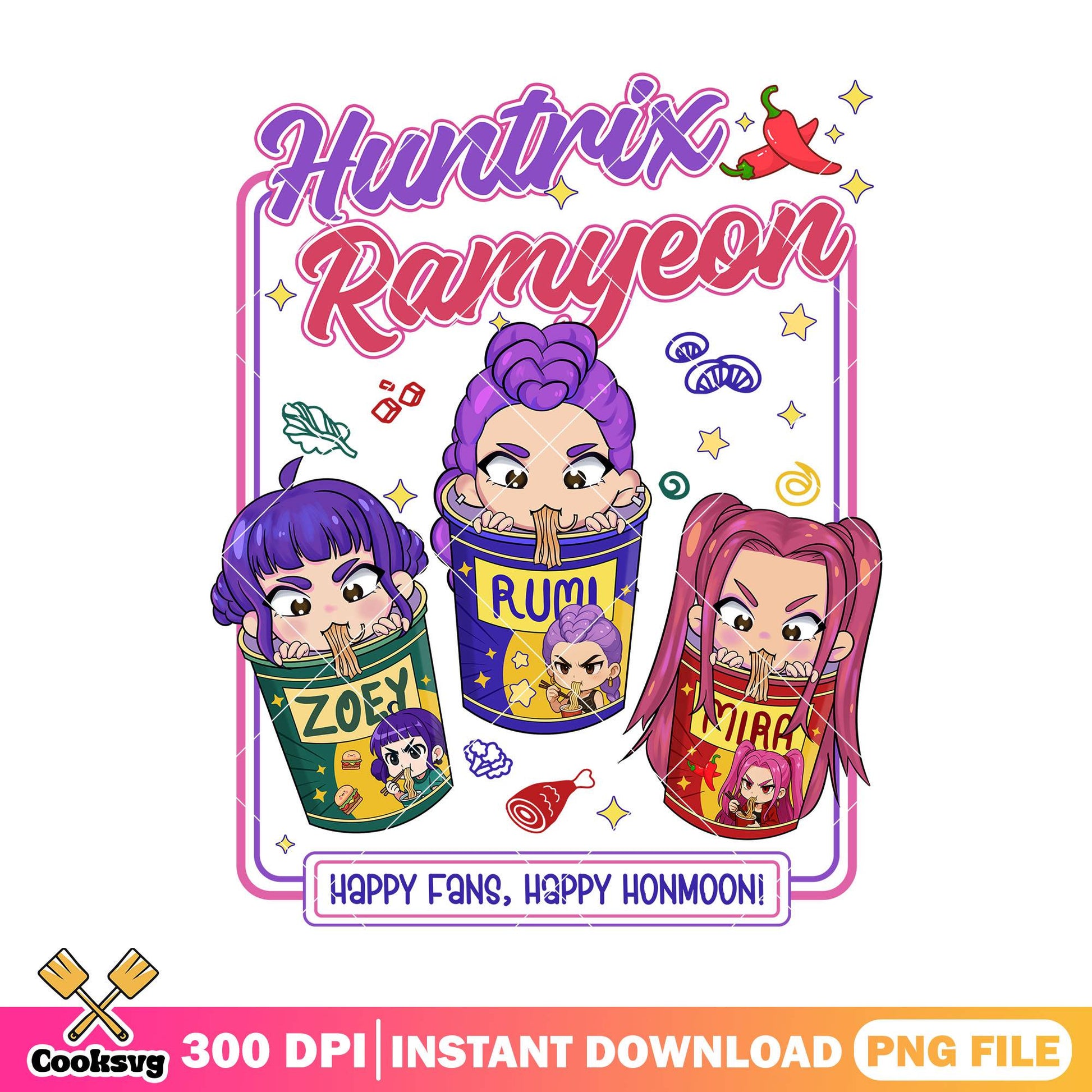 Ramyeon chibi girl png, huntrix ramyeon png, huntrix member png