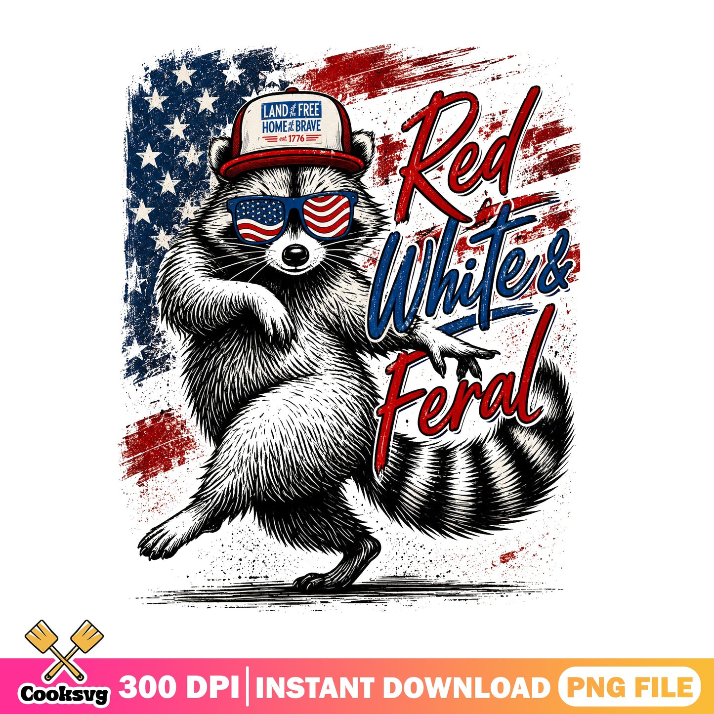 Red White And Feral Raccoon PNG, 4th Of July PNG, Patriotic PNG