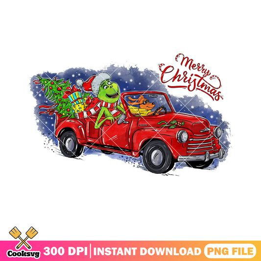 Red truck in snow night png, christmas tree png, the grinch png