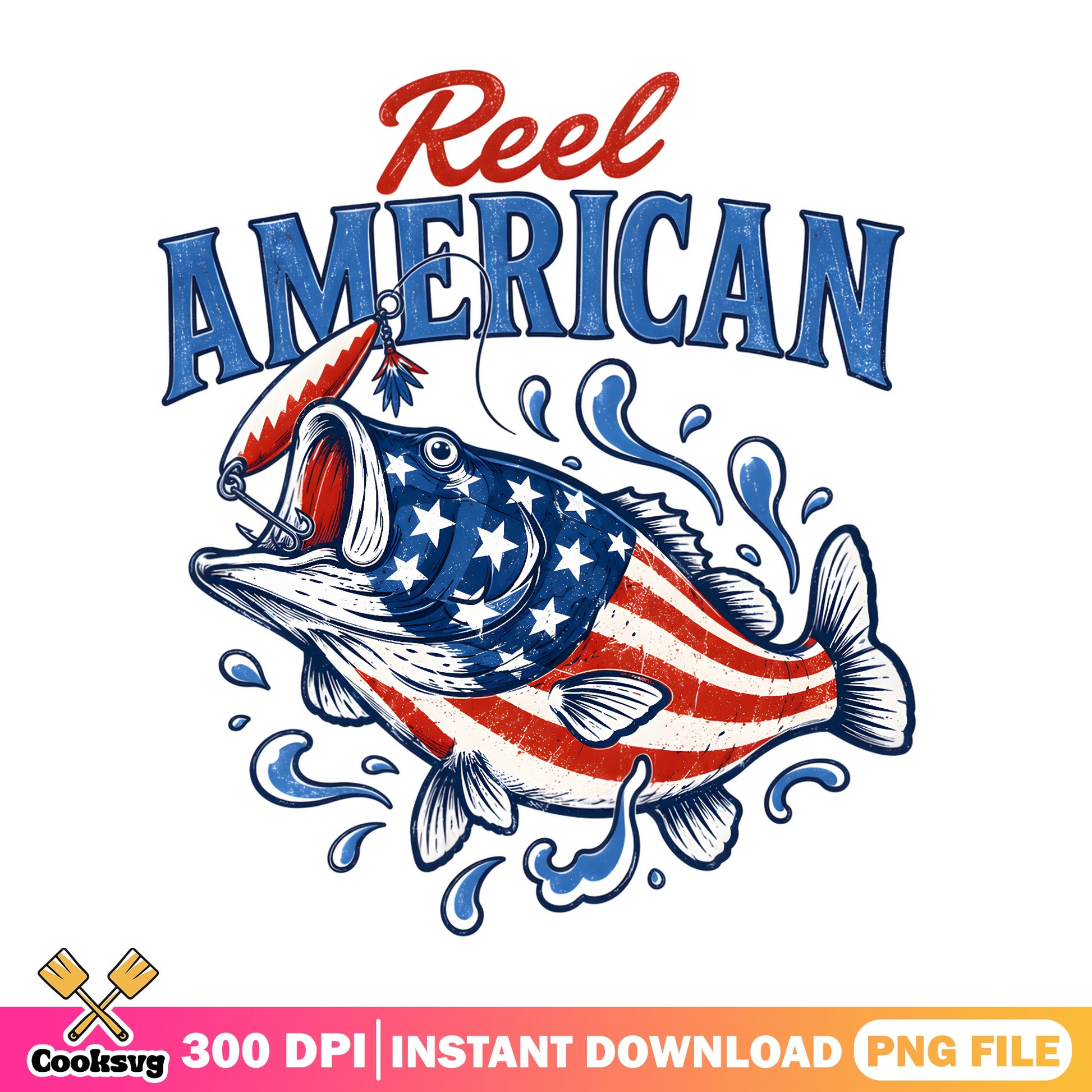 Reel American Fishing PNG, 4th Of July PNG, Bass Fish PNG