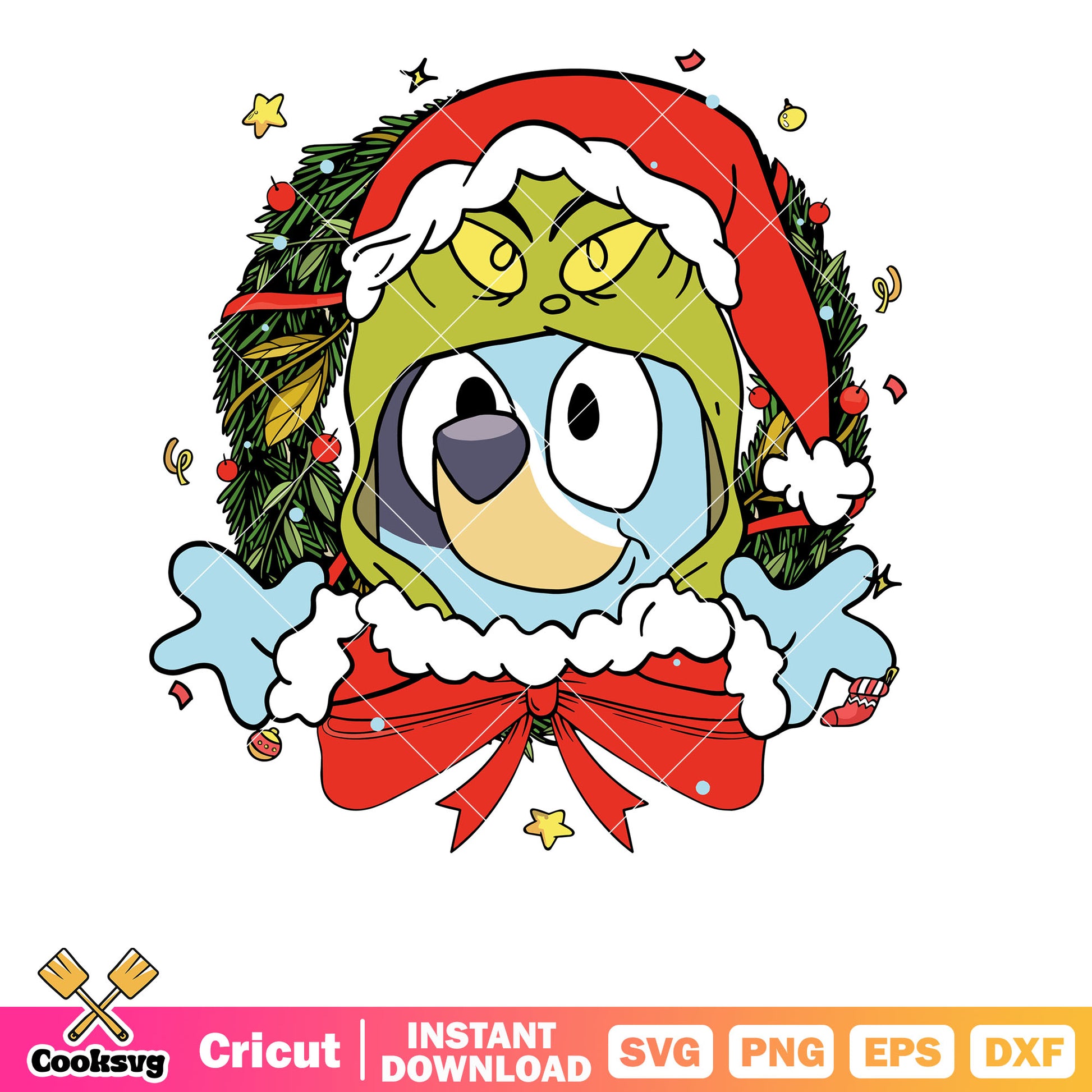 Retro Bluey Grinchmas Wreath svg, christmas tree svg, bluey christmas svg