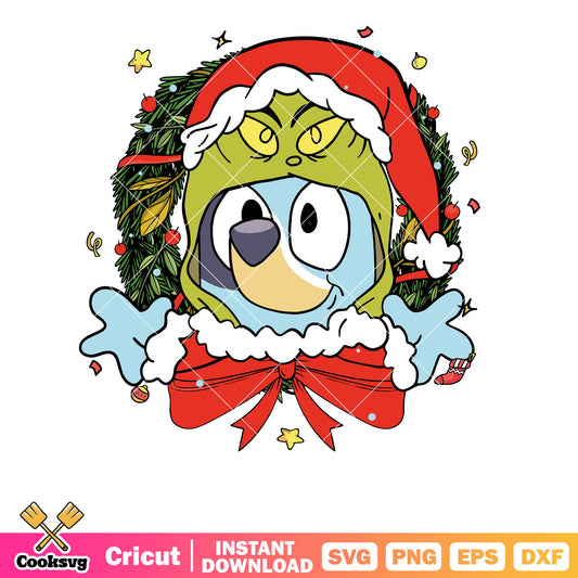 Retro Bluey Grinchmas Wreath svg, christmas tree svg, bluey christmas svg