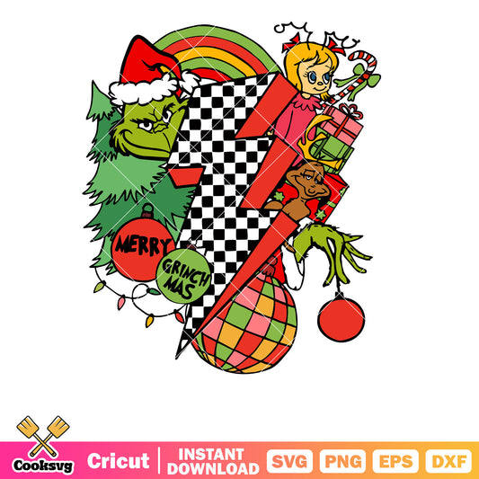 Retro Lighting Bolt Christmas The Grinch svg file, christmas vibes svg​