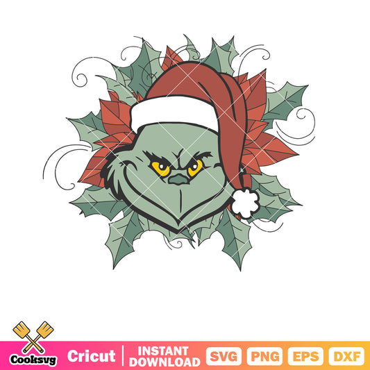 Retro Santa Grinch And Leaves svg christmas, grinch santa hat​ svg