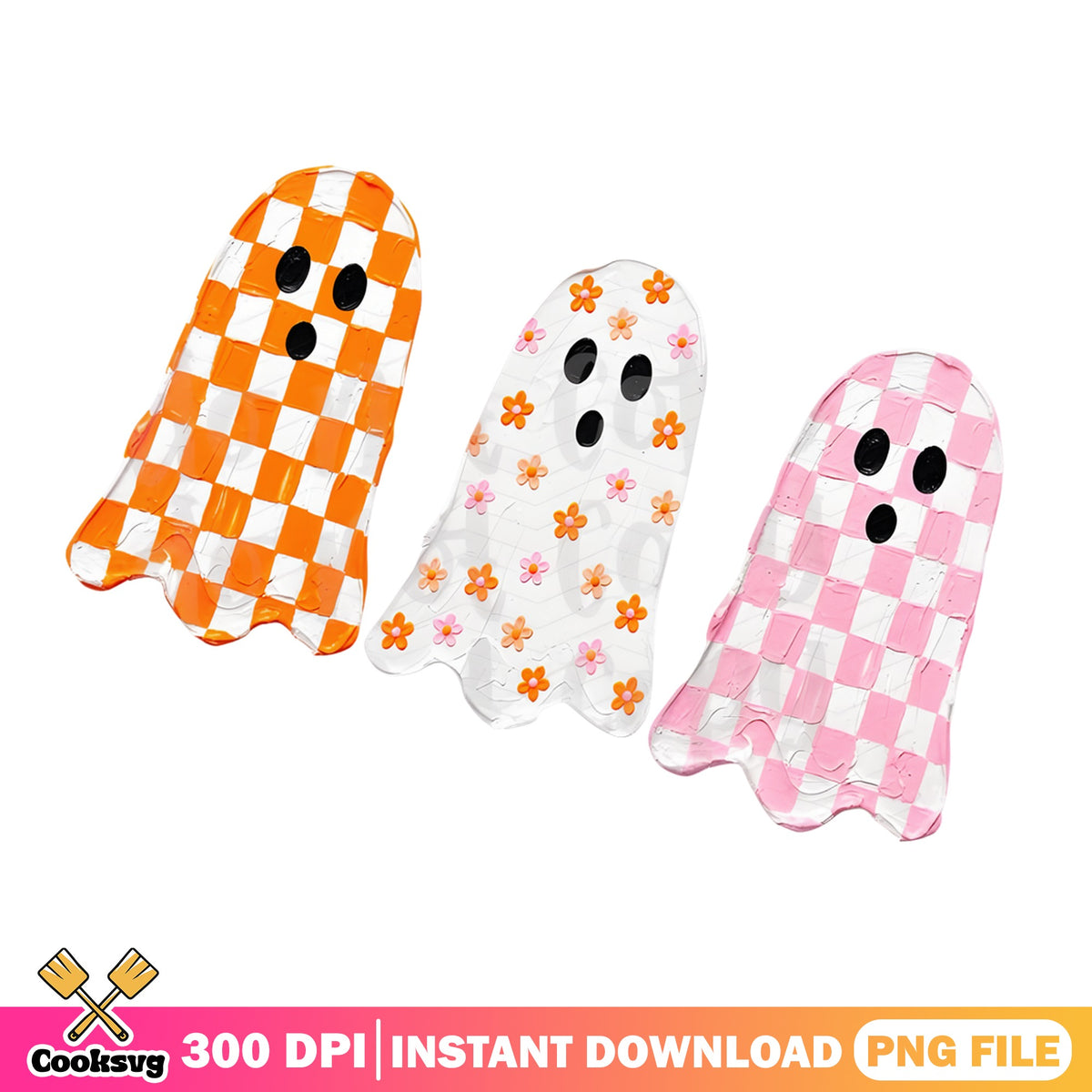 Retro Checkered Ghost Halloween PNG Bundle, Cute Ghost PNG, Halloween PNG