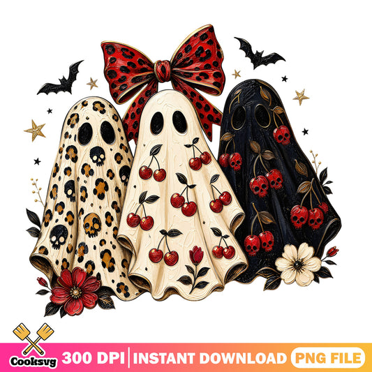 Retro Ghost Halloween PNG, Leopard Cherry Skull Ghost, Coquette Halloween PNG