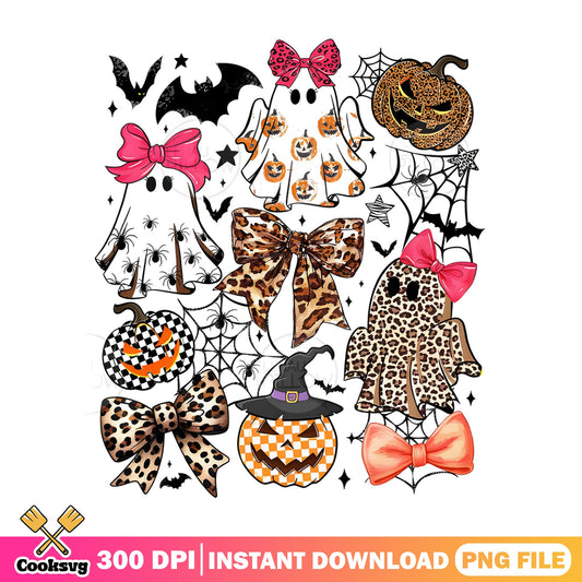 Retro Halloween Ghost Bow Bundle, Leopard Pumpkin PNG, Halloween PNG