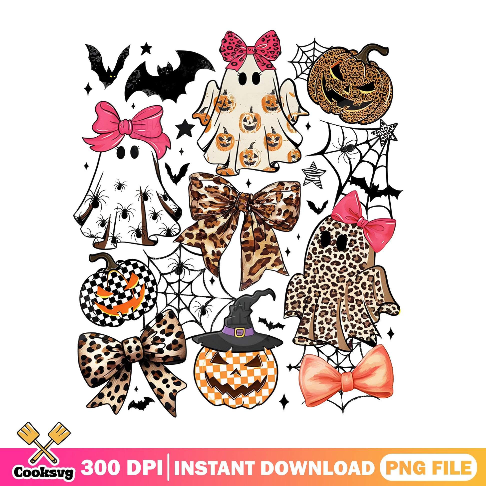 Retro Halloween Ghost Bow PNG, Leopard Pumpkin PNG, Spooky PNG