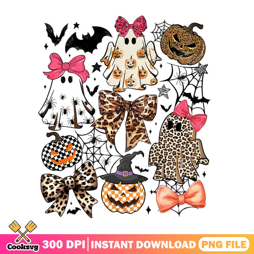 Retro Halloween Ghost Bow PNG, Leopard Pumpkin PNG, Spooky PNG