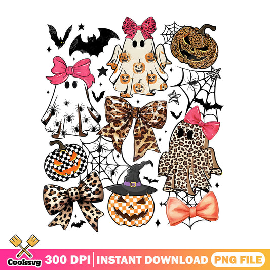 Retro Halloween Ghost Bow PNG, Leopard Pumpkin PNG, Spooky PNG