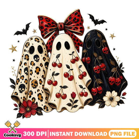 Retro Halloween Ghost Png, Leopard Cherry Skull Ghost Png, Halloween Png